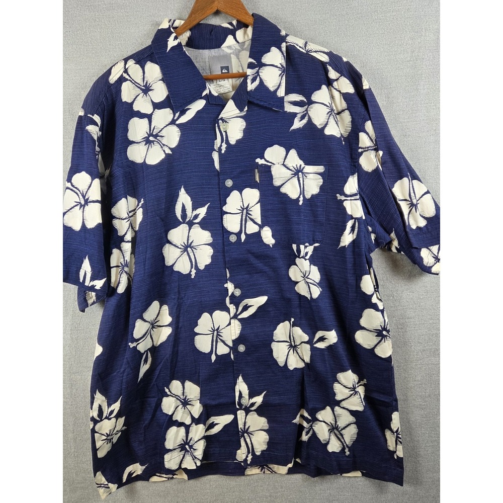 Quiksilver Men's‎ L Hawaiian Aloha Floral Shirt Magnum PI Surf Beach Retro Blue